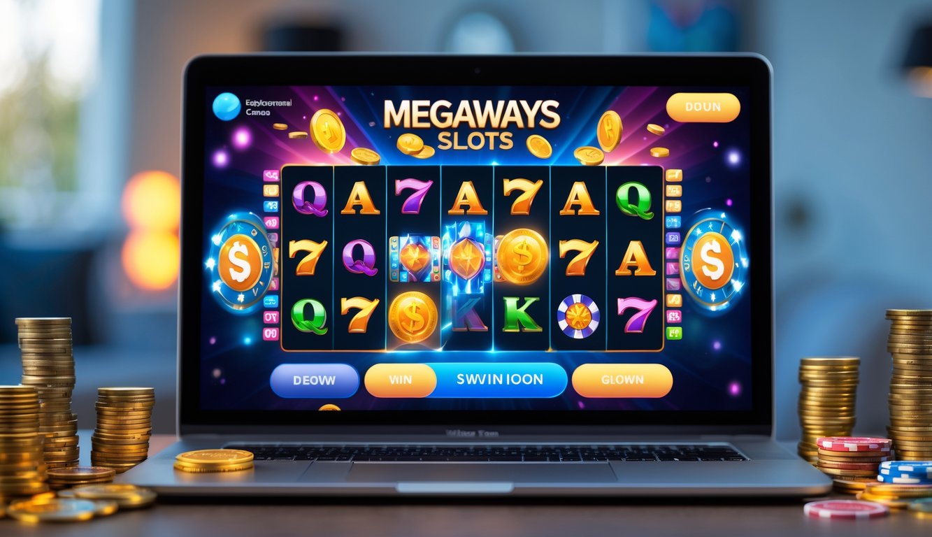 Seorang pengguna bermain mesin slot Megaways online di komputer dengan tumpukan koin dan chip kasino di sekitarnya.