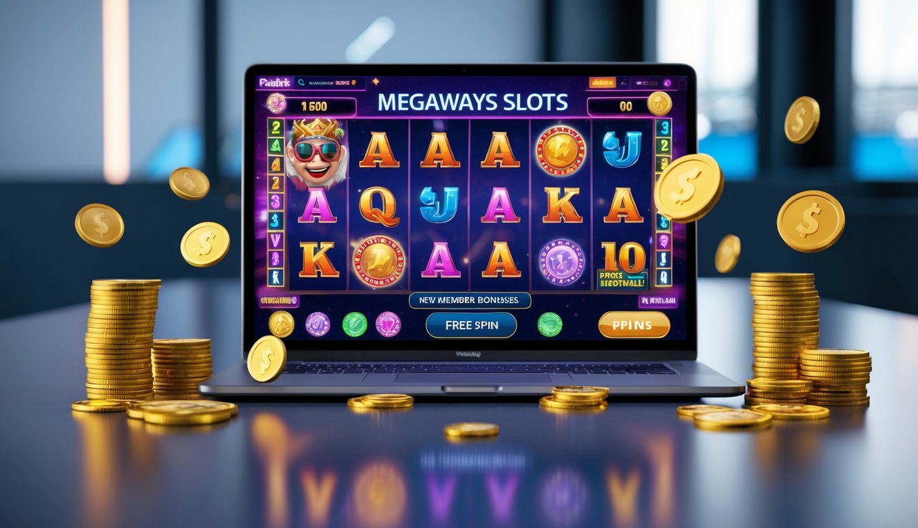 Layar komputer menampilkan permainan slot Megaways dengan koin dan chip kasino di sekitar meja kerja.