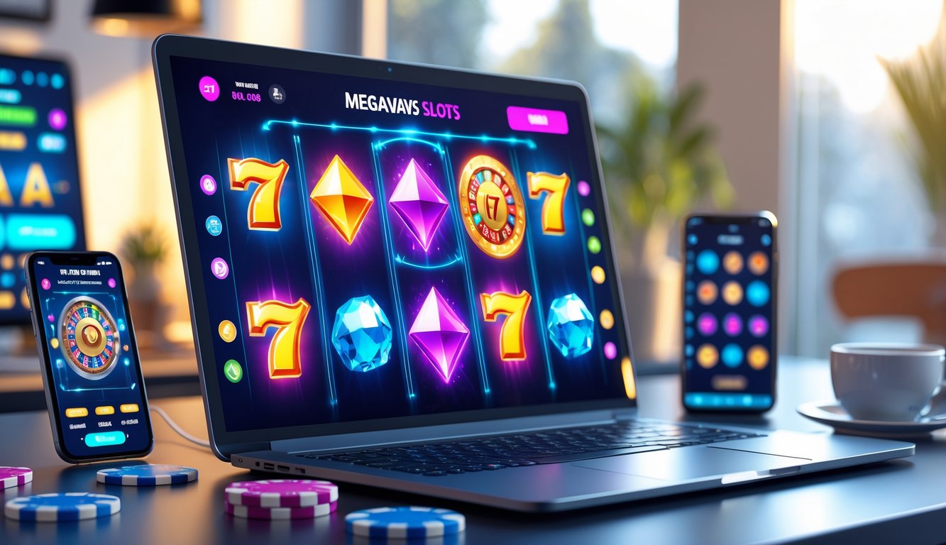 Seorang pemain sedang menggunakan laptop dan smartphone untuk bermain game slot online dengan simbol warna-warni di layar, di atas meja terdapat chip kasino dan secangkir kopi.
