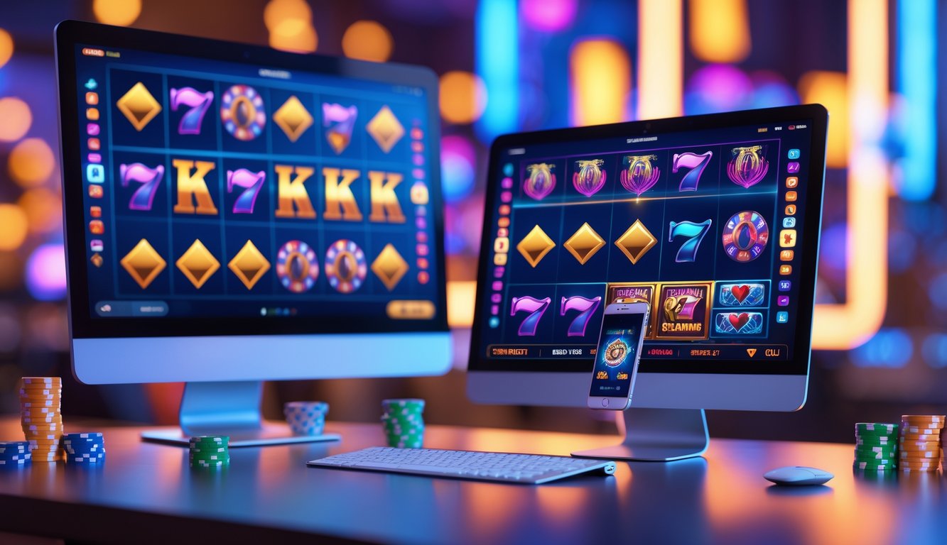 Tampilan komputer dan ponsel yang menunjukkan permainan slot Megaways online dengan simbol warna-warni dan suasana kasino digital.