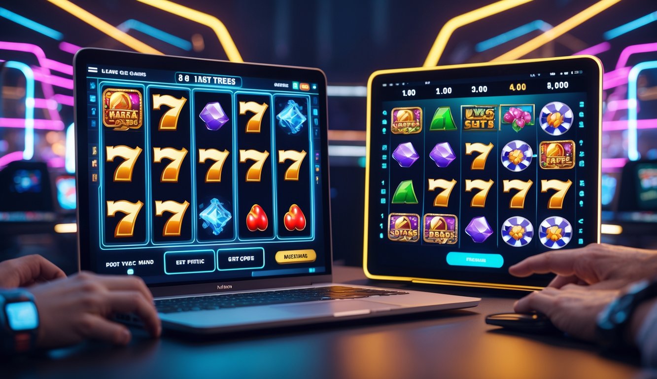 Sebuah meja dengan perangkat digital yang menampilkan dua jenis permainan slot online, satu dengan tampilan slot klasik dan satu lagi dengan tampilan slot Megaways yang lebih kompleks.