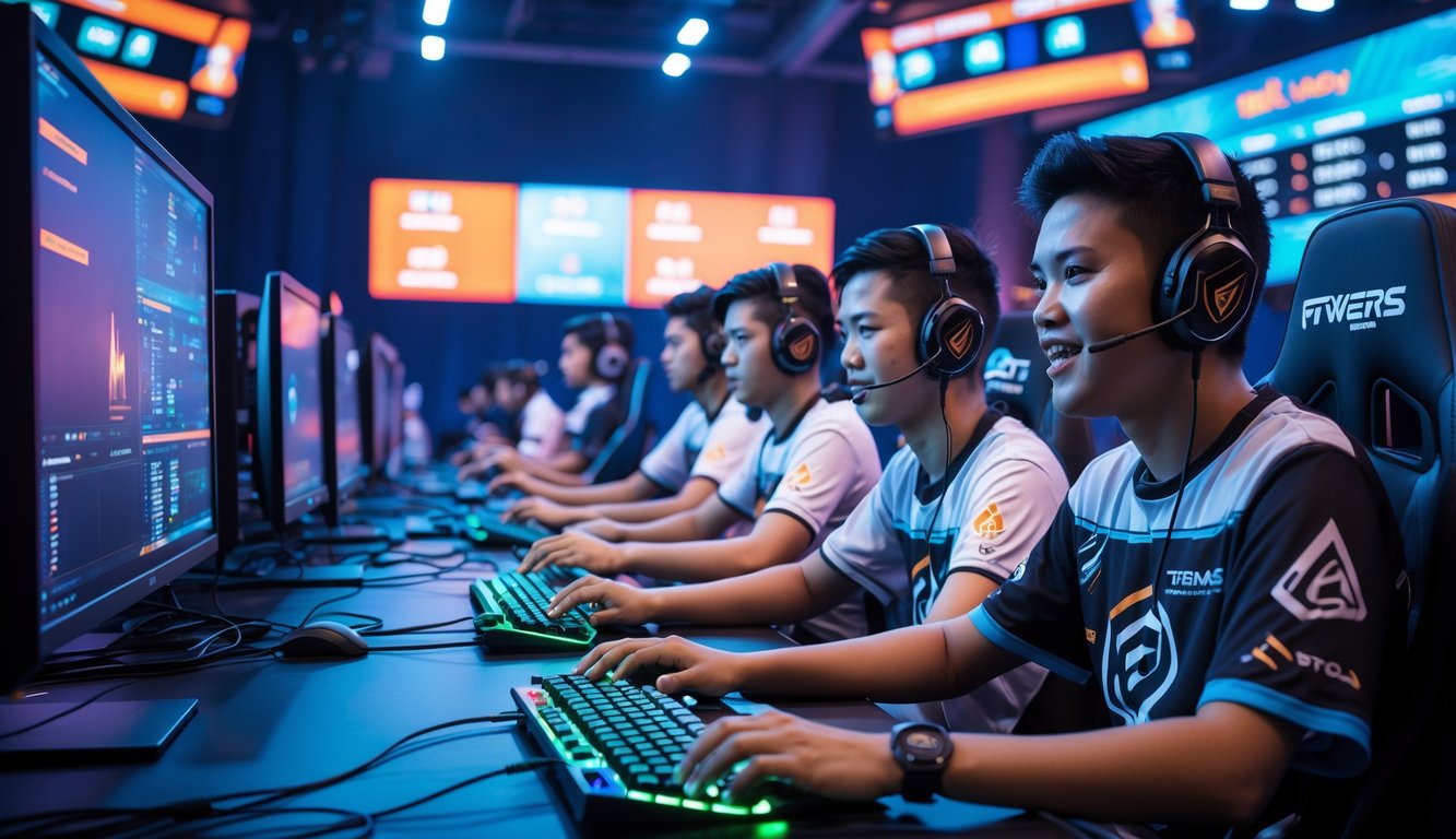 Sejumlah pemain esports muda sedang bermain di ruangan gaming modern dengan komputer dan layar besar, menunjukkan suasana kompetisi yang semangat.