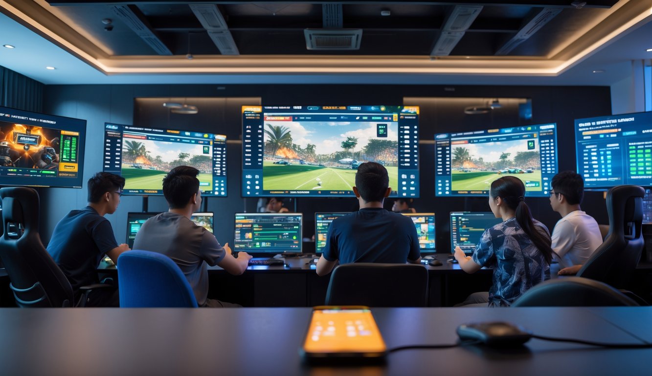 Sekelompok orang muda sedang fokus bermain dan memasang taruhan pada pertandingan esports di sebuah ruang bermain modern.