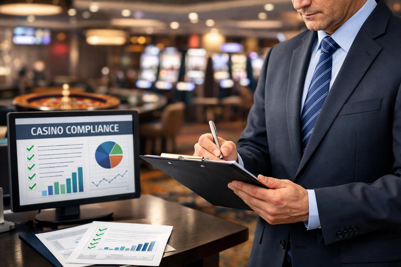 A Group Of Professionals In A Casino Setting Reviewing Documents And Digital Charts Related To Deposit Limits And Regulatory Compliance.