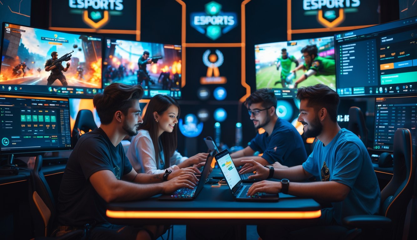 Sekelompok orang muda sedang menggunakan komputer dan ponsel untuk taruhan game esports populer di lingkungan gaming modern.