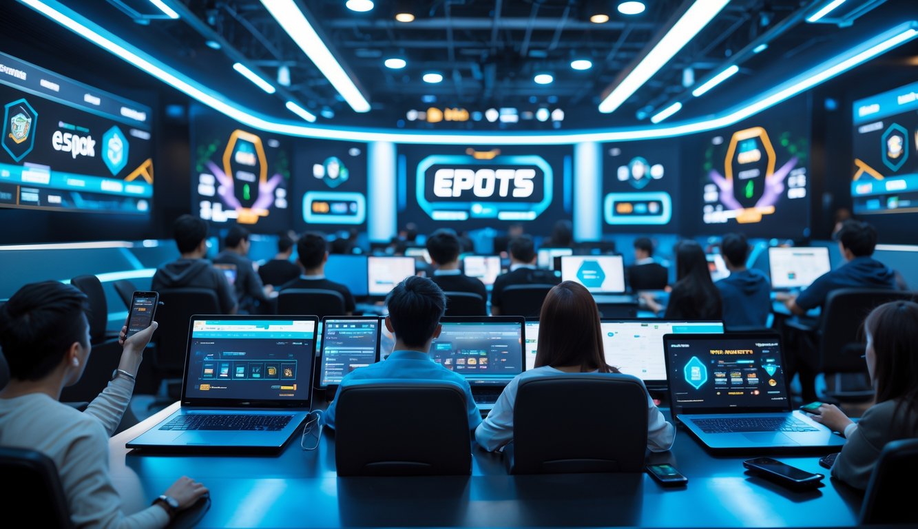 Sekelompok orang muda sedang menggunakan perangkat digital untuk bertaruh pada permainan esports populer di ruang modern dengan pencahayaan LED dan tampilan permainan di layar.