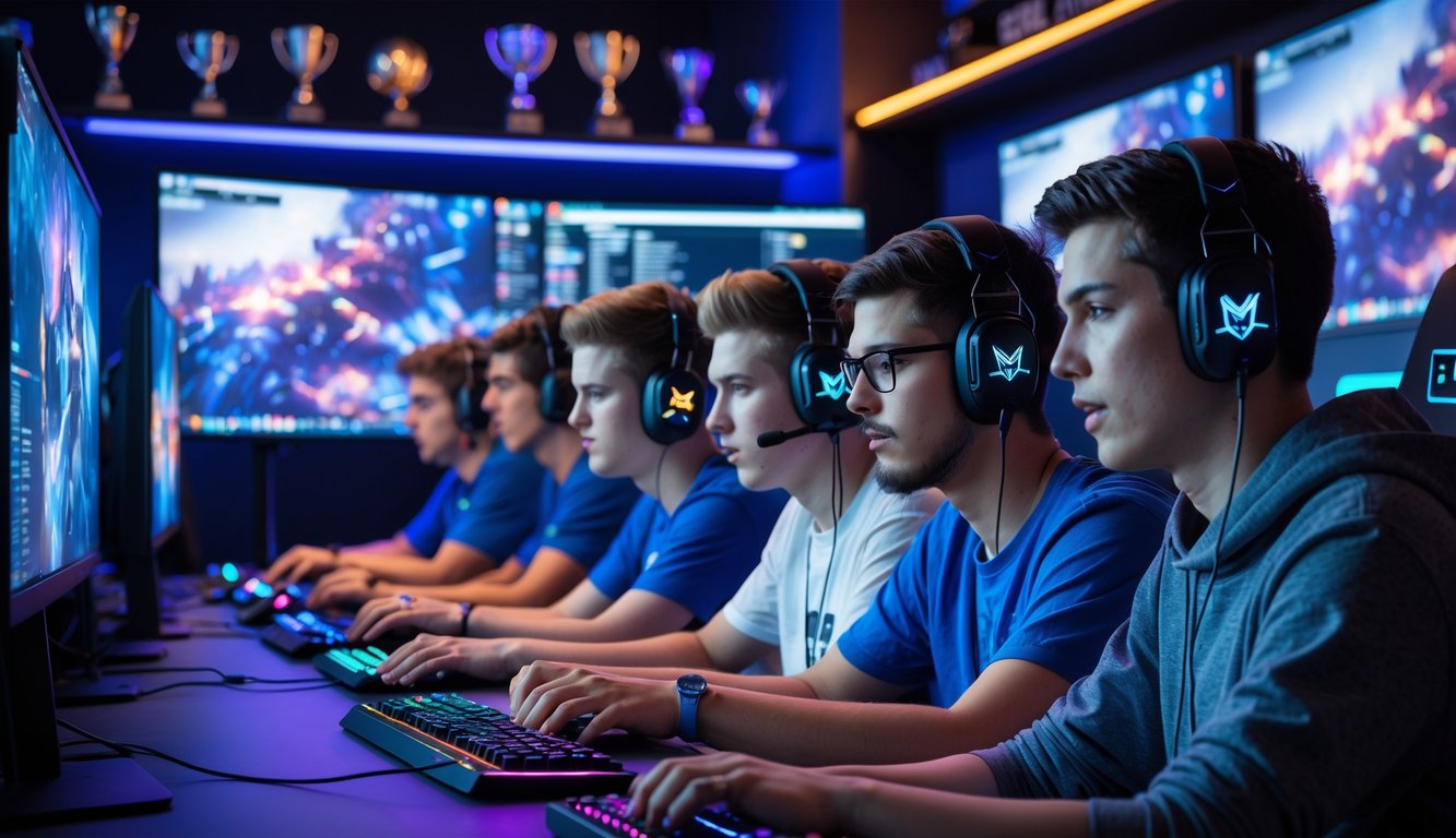 Sekelompok orang muda sedang bermain game esports secara serius di sebuah ruangan gaming modern dengan peralatan canggih dan pencahayaan warna-warni.