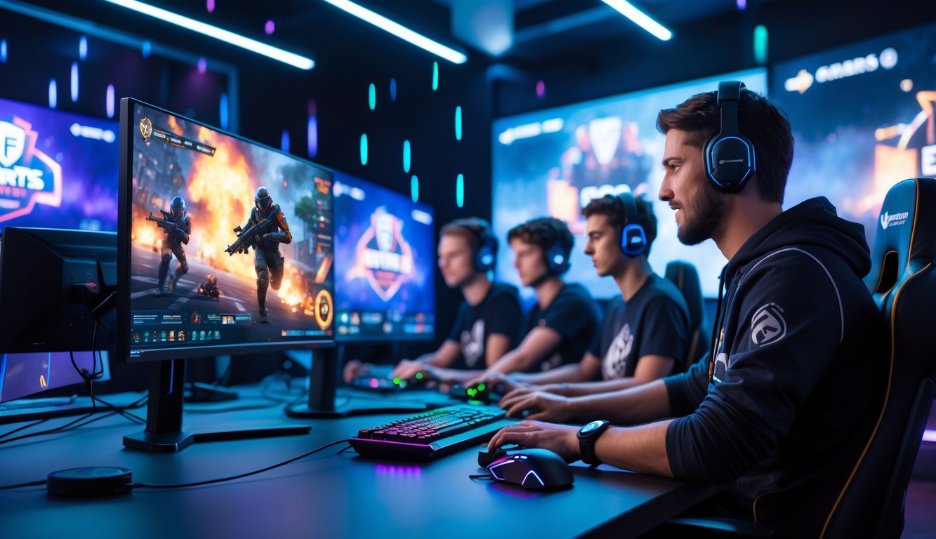 Sekelompok orang muda bermain dan menonton permainan esports di ruang gaming dengan monitor dan peralatan gaming modern.