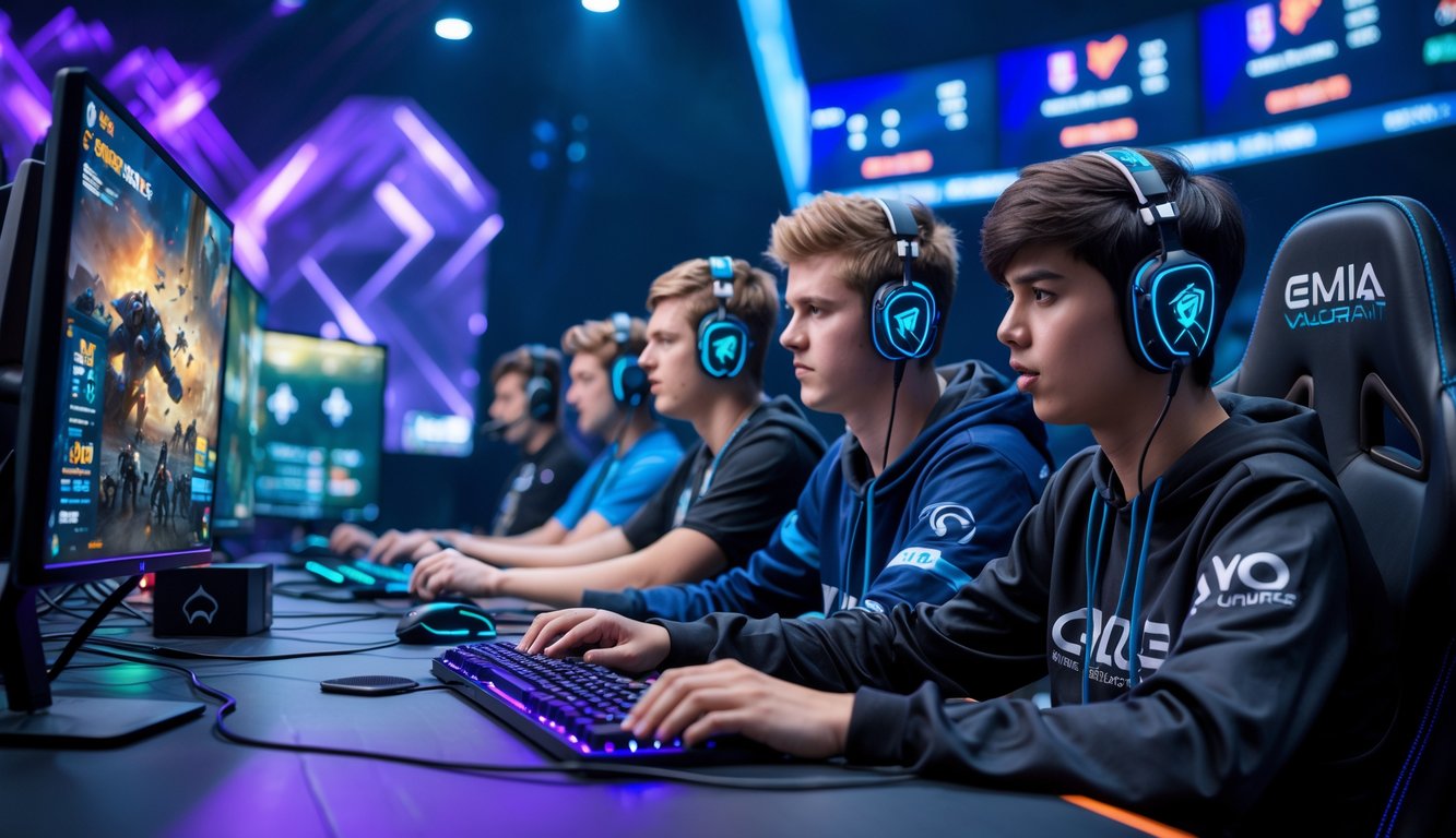 Sekelompok pemain esports muda fokus bermain game Dota 2, CS2, dan Valorant di sebuah arena game modern dengan peralatan gaming lengkap dan pencahayaan LED yang dinamis.