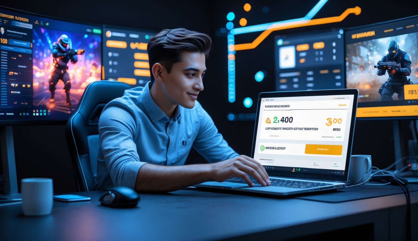 Seorang dewasa muda menggunakan laptop di meja dengan beberapa monitor menampilkan permainan esports dan antarmuka taruhan.