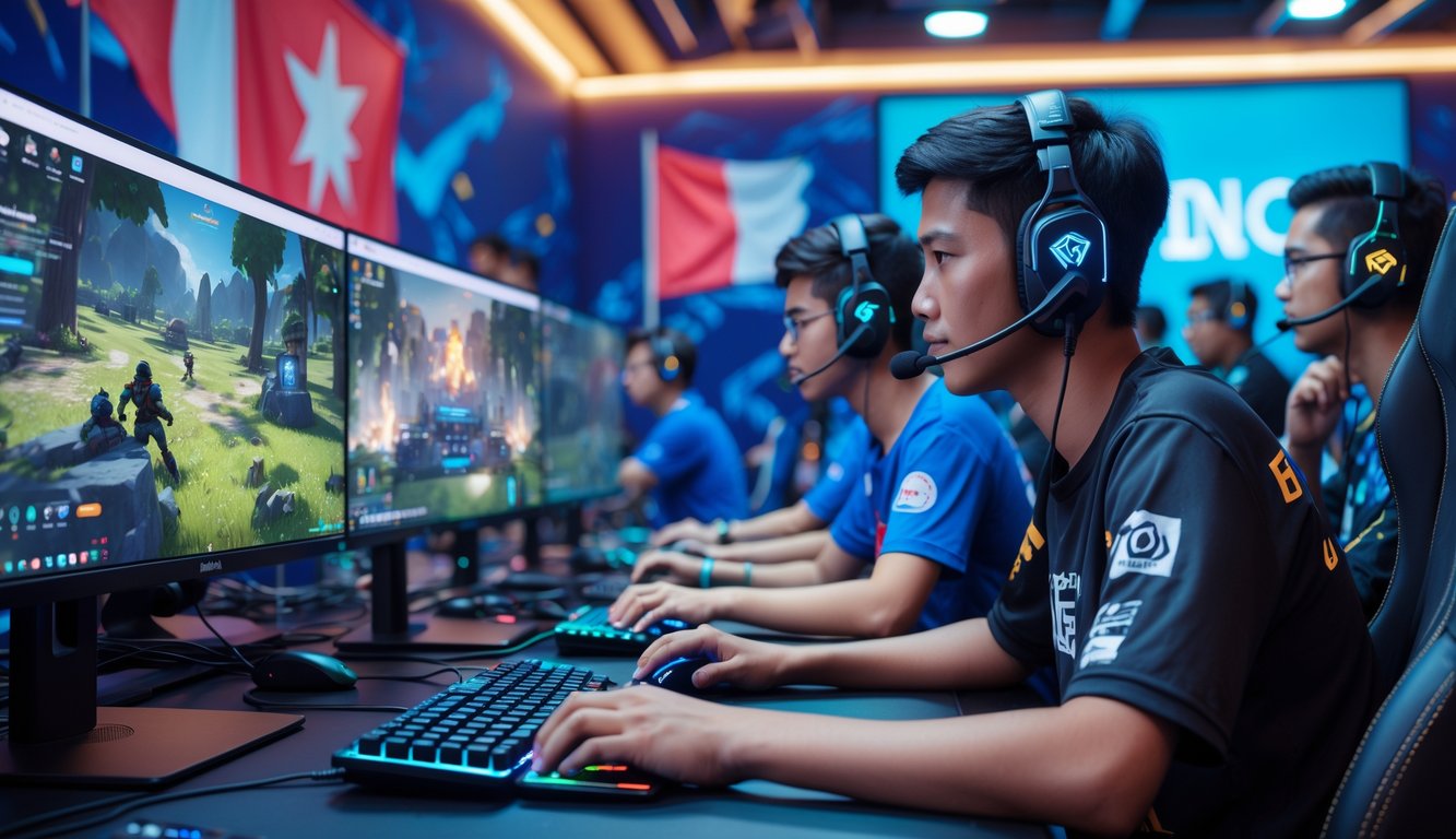 Sejumlah pemain muda Indonesia sedang bermain game esports dengan peralatan gaming modern di sebuah ruangan yang terang dan penuh semangat.