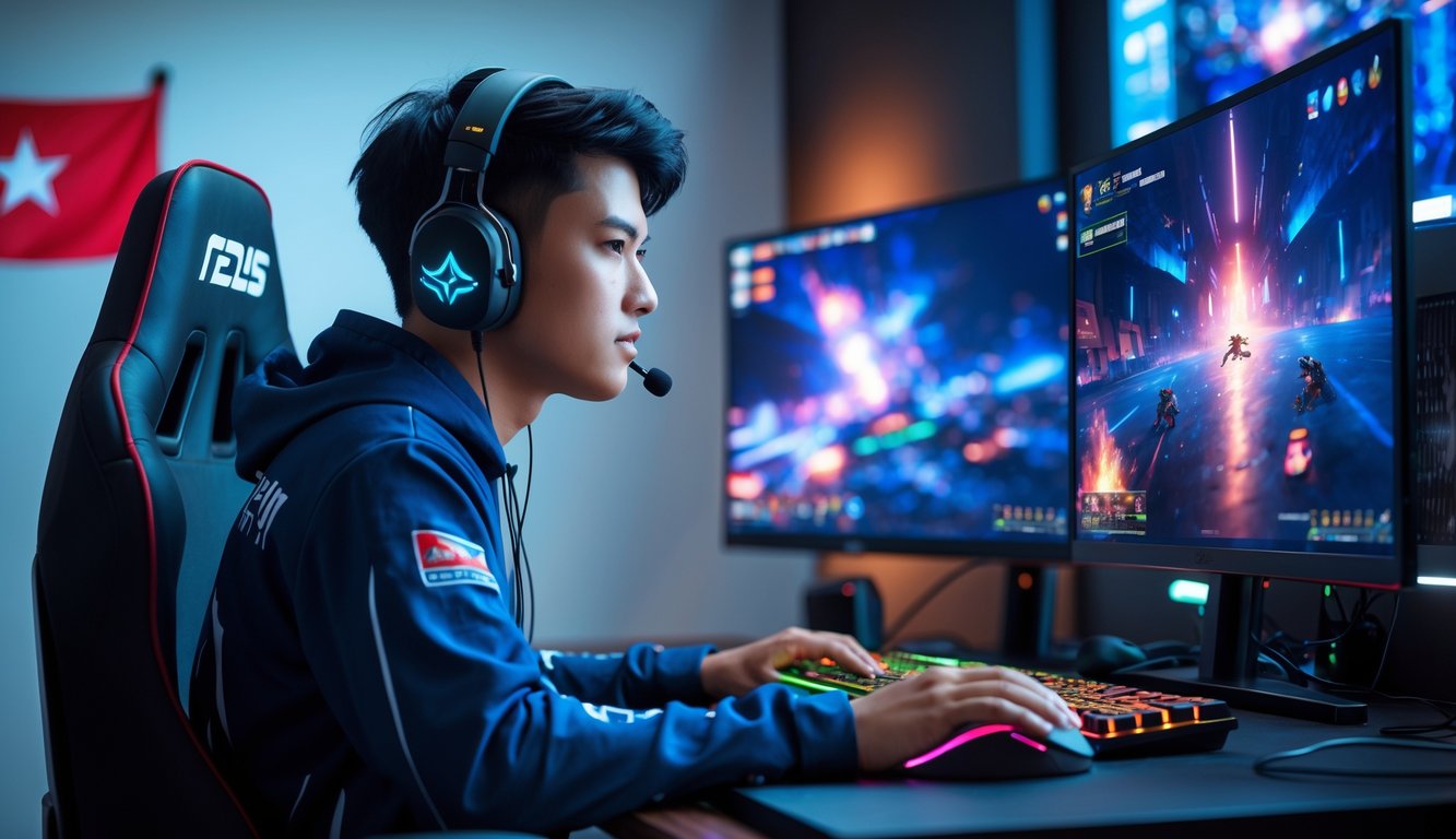 Seorang pemain esports Indonesia sedang fokus bermain di depan monitor dengan peralatan gaming modern di sebuah ruangan yang nyaman.