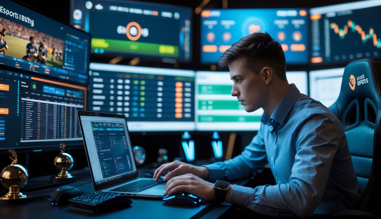 Seorang pria muda sedang menggunakan laptop dan ponsel di meja dengan beberapa monitor yang menampilkan permainan esports dan data taruhan.