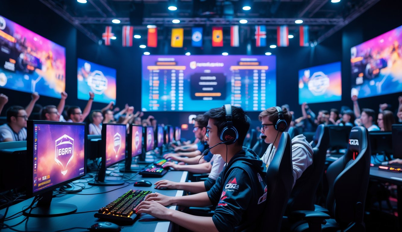 Sejumlah pemain esports fokus bertanding di arena turnamen dengan layar besar dan penonton yang antusias di latar belakang.