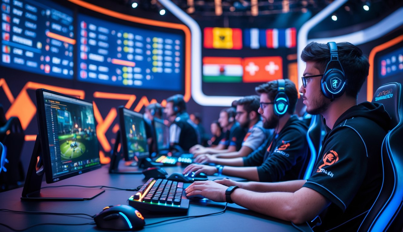 Sejumlah pemain esports fokus bermain di stasiun gaming dengan layar besar dan bendera internasional di latar belakang, menunjukkan suasana turnamen esports profesional.