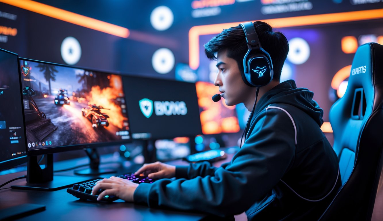 Seorang pemain esports muda yang fokus bermain di depan beberapa monitor dengan pencahayaan warna-warni di ruang gaming modern.