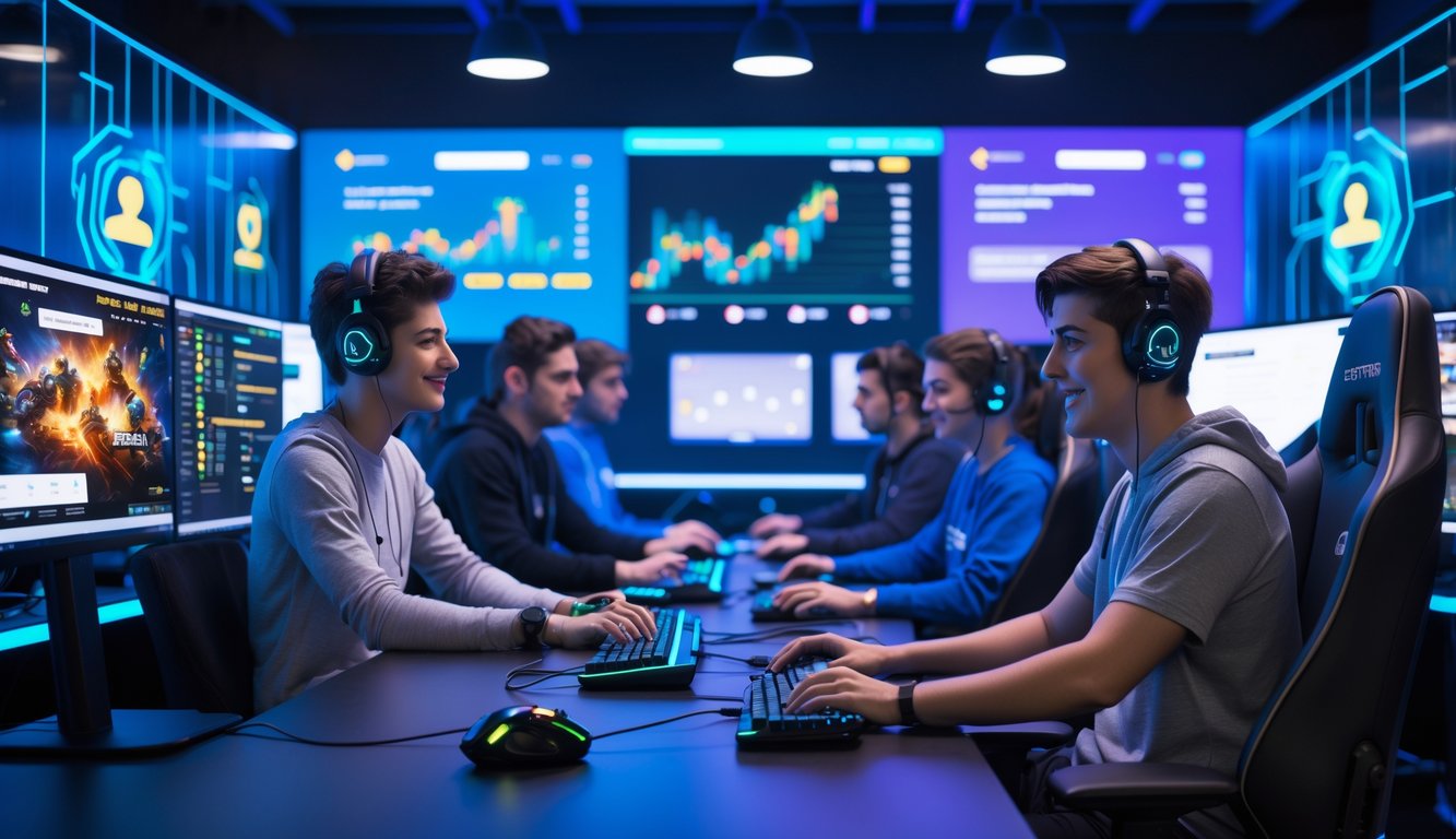 Sekelompok orang muda fokus bermain dan bertaruh pada permainan esports di ruang gaming modern dengan monitor dan peralatan gaming.