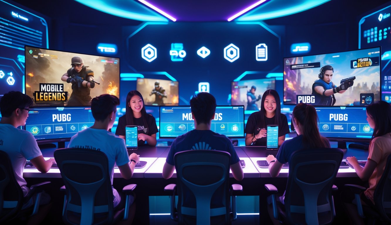 Sekelompok orang muda sedang menggunakan perangkat elektronik untuk taruhan esports Mobile Legends dan PUBG di sebuah ruang modern dengan layar besar menampilkan permainan.