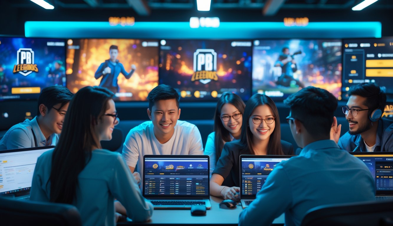 Beberapa orang muda sedang menggunakan laptop dan ponsel untuk taruhan esports Mobile Legends dan PUBG di ruangan modern dengan layar besar menampilkan permainan.