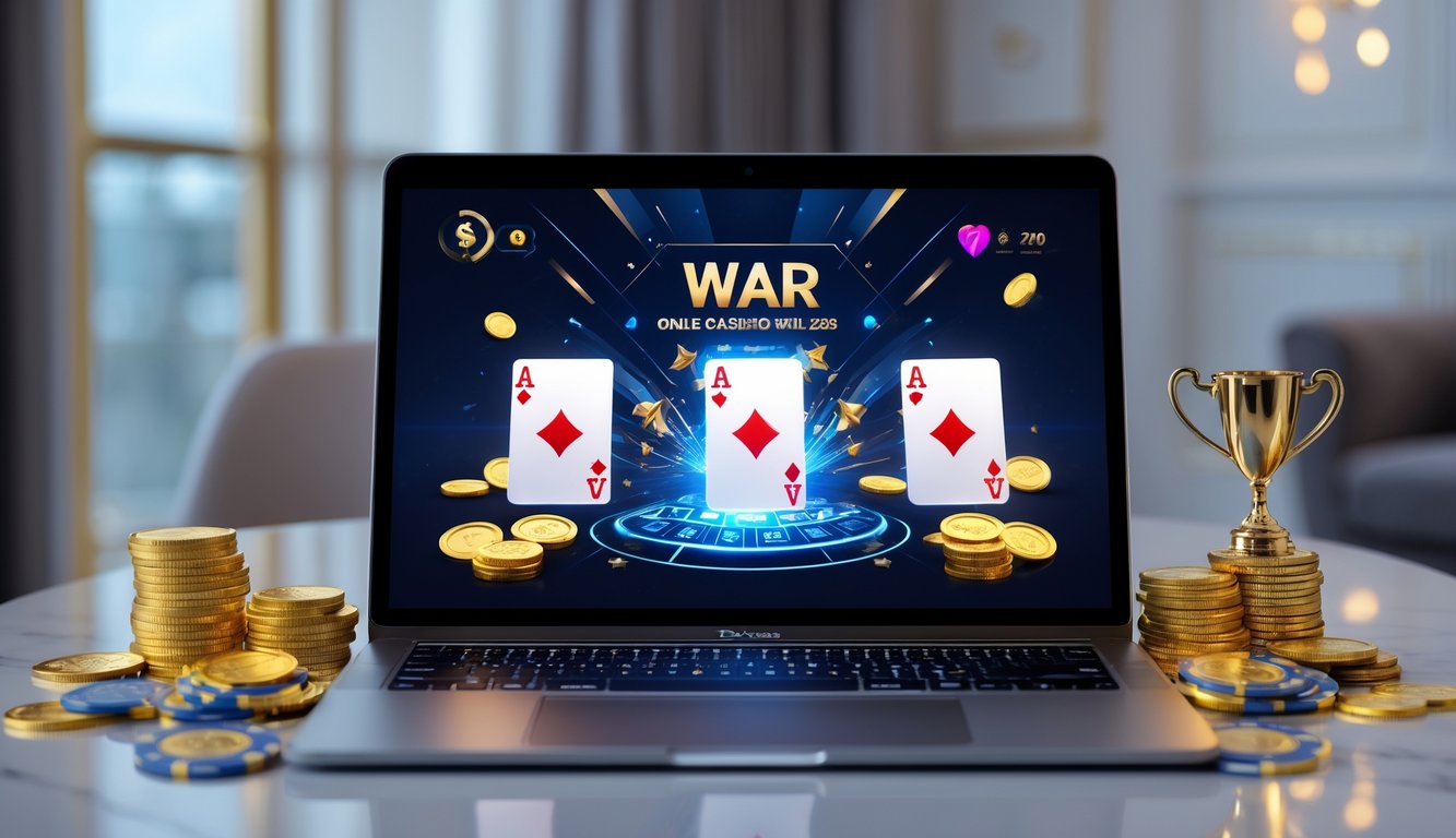 Sebuah laptop menampilkan permainan kartu War online dengan koin emas dan chip di sekitarnya dalam suasana kasino digital yang profesional dan terpercaya.