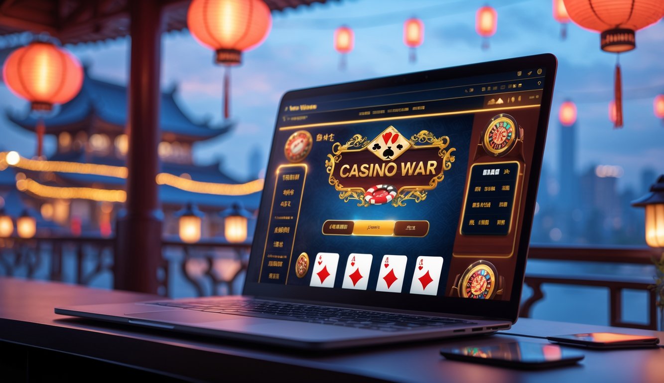 Tampilan antarmuka permainan judi casino online dengan kartu dan chip di layar perangkat digital, latar belakang menampilkan siluet kota Asia dan lentera yang menyala.