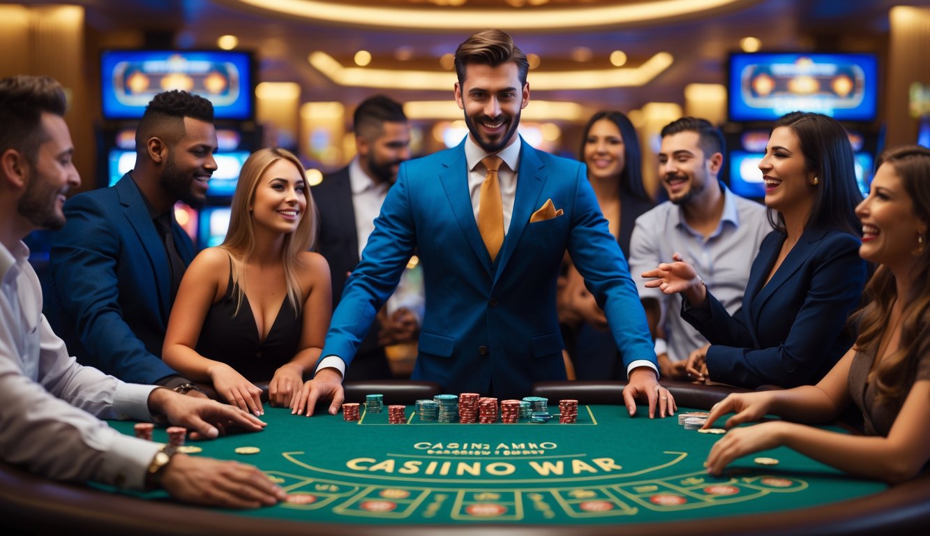 Seorang dealer di meja kasino dengan pemain yang antusias di sekitarnya dalam suasana kasino yang mewah dan resmi.