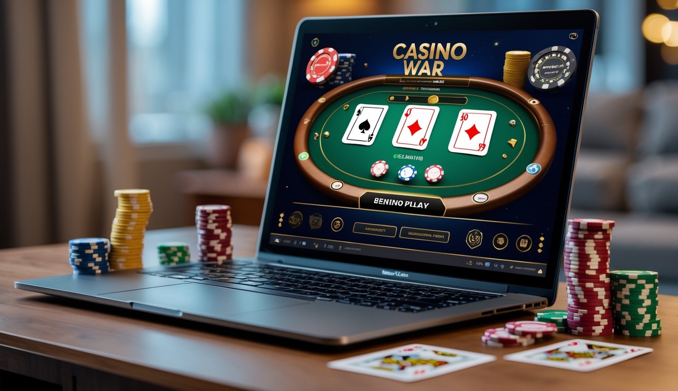 Seorang pemain sedang menggunakan komputer dengan tampilan permainan casino war online, dikelilingi oleh chip poker dan kartu remi di meja yang rapi.