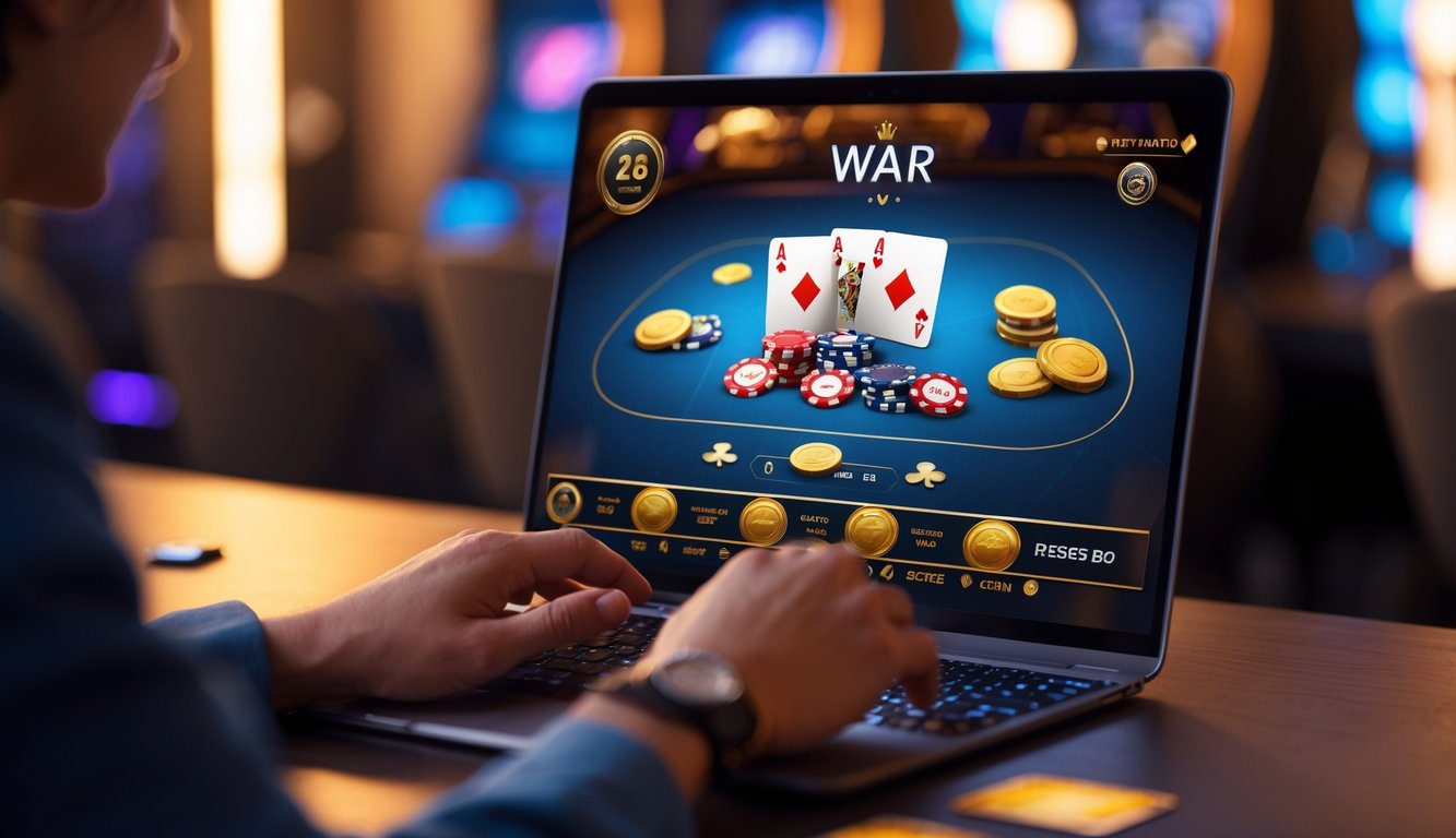 Seorang pemain sedang menggunakan laptop dengan tampilan permainan kartu casino War online di layar.