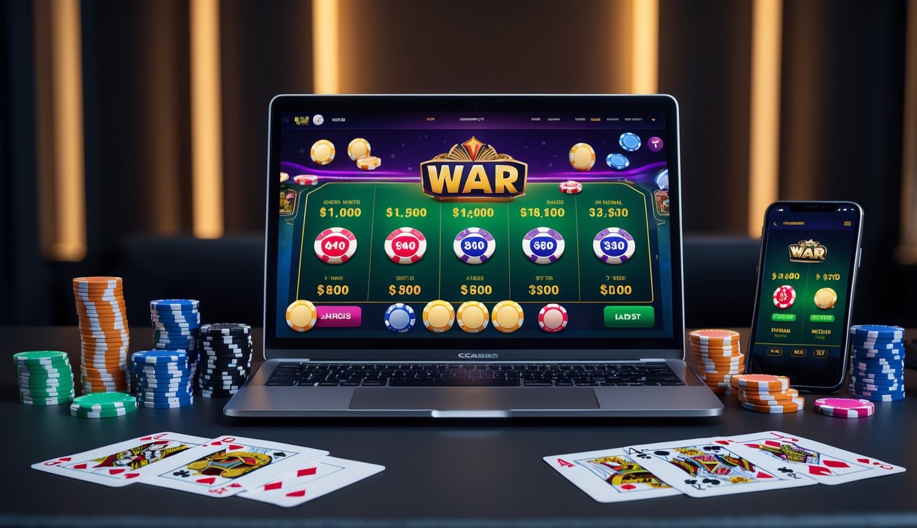 Seorang pemain duduk di depan laptop dengan tampilan permainan kasino online kartu War, dikelilingi oleh chip poker dan kartu remi di meja.