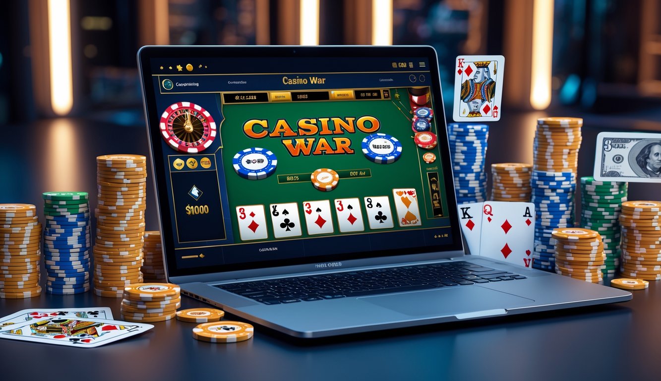 Seseorang bermain judi Casino War online di komputer dengan kartu dan chip poker di meja.