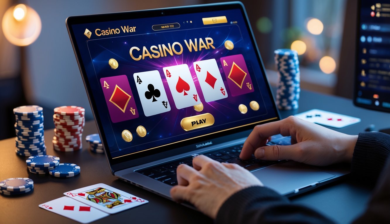 Sebuah meja kerja dengan komputer menampilkan permainan kartu Casino War online, dikelilingi chip poker dan kartu remi.