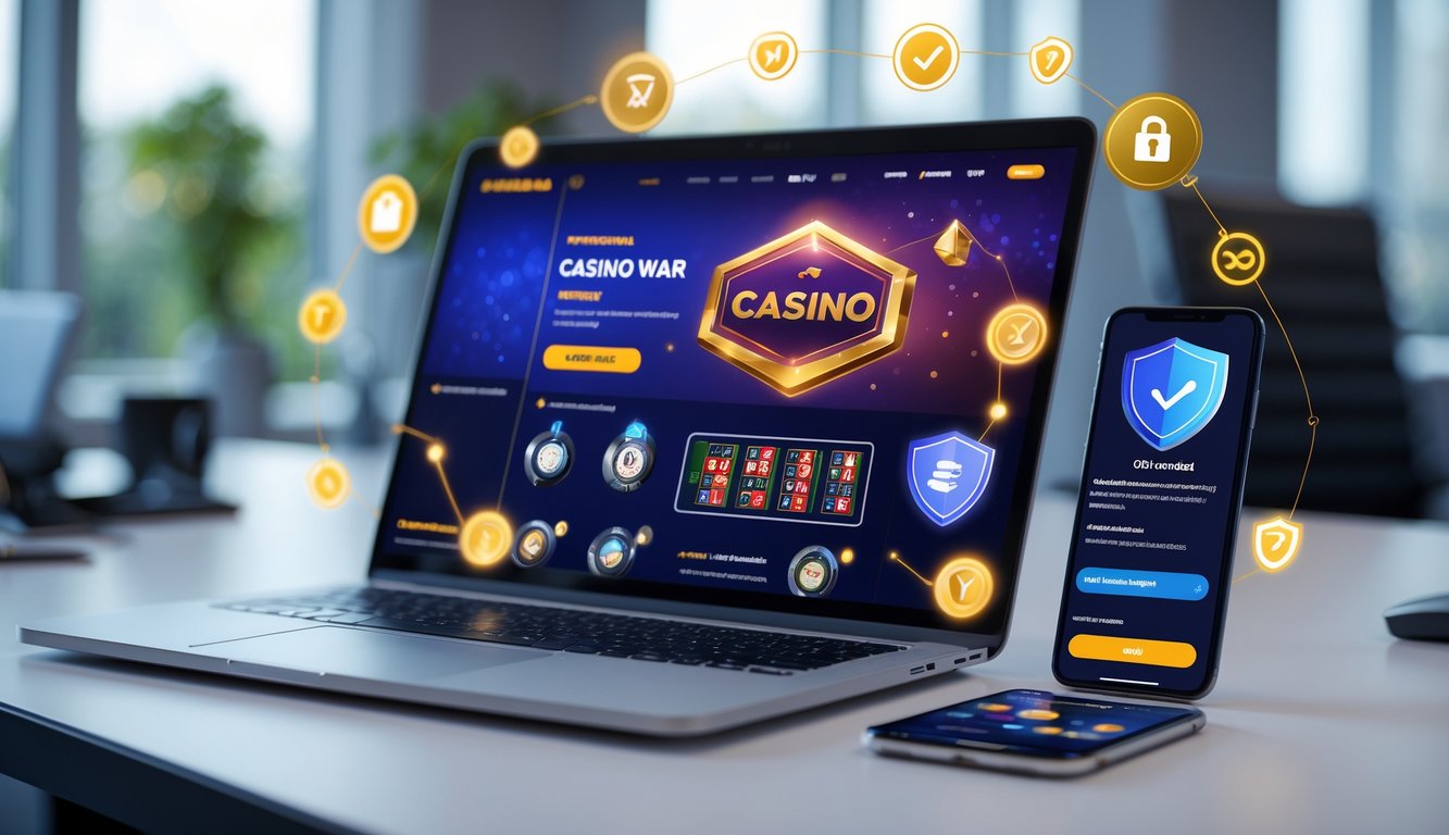 Layar laptop dan ponsel menampilkan permainan judi casino war online dengan simbol keamanan dan latar kantor modern.