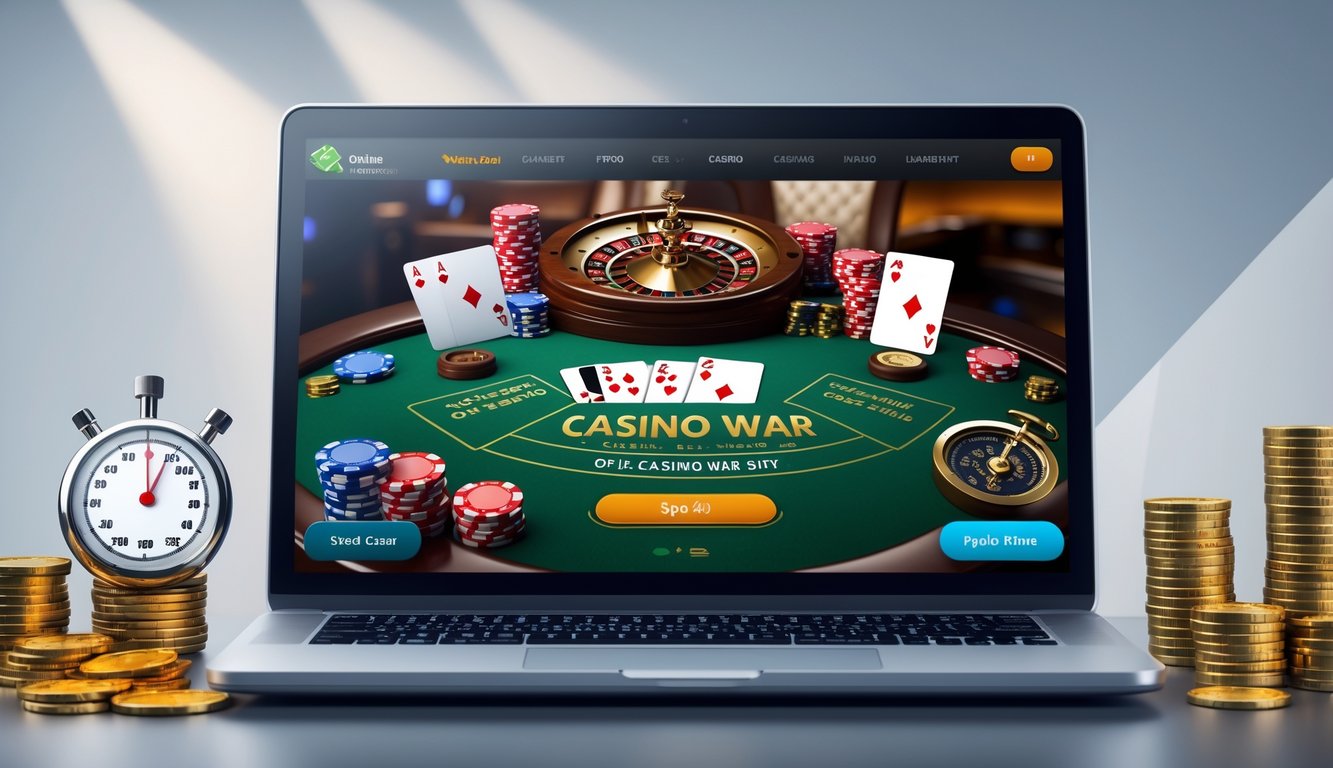 Sebuah setup permainan kasino online dengan komputer menampilkan kartu dan chip, serta simbol pembayaran cepat dan uang di sekitarnya.