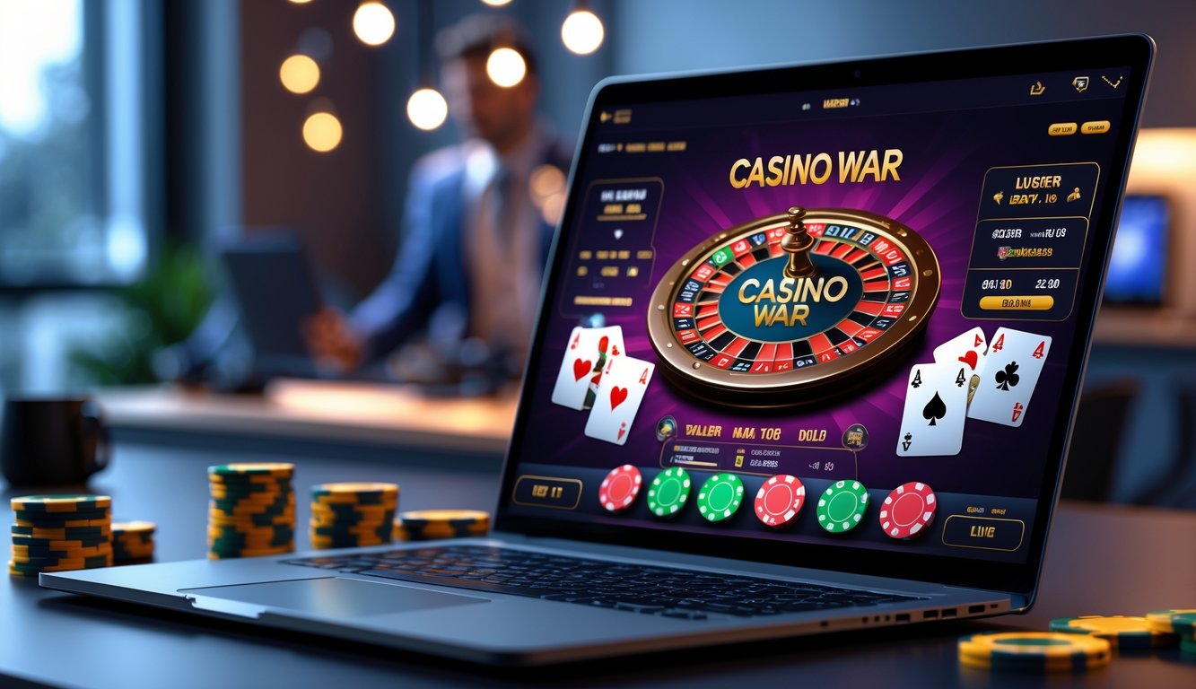 Seseorang bermain permainan Casino War online di laptop dengan kartu dan chip di layar, di ruangan yang terang dan modern.