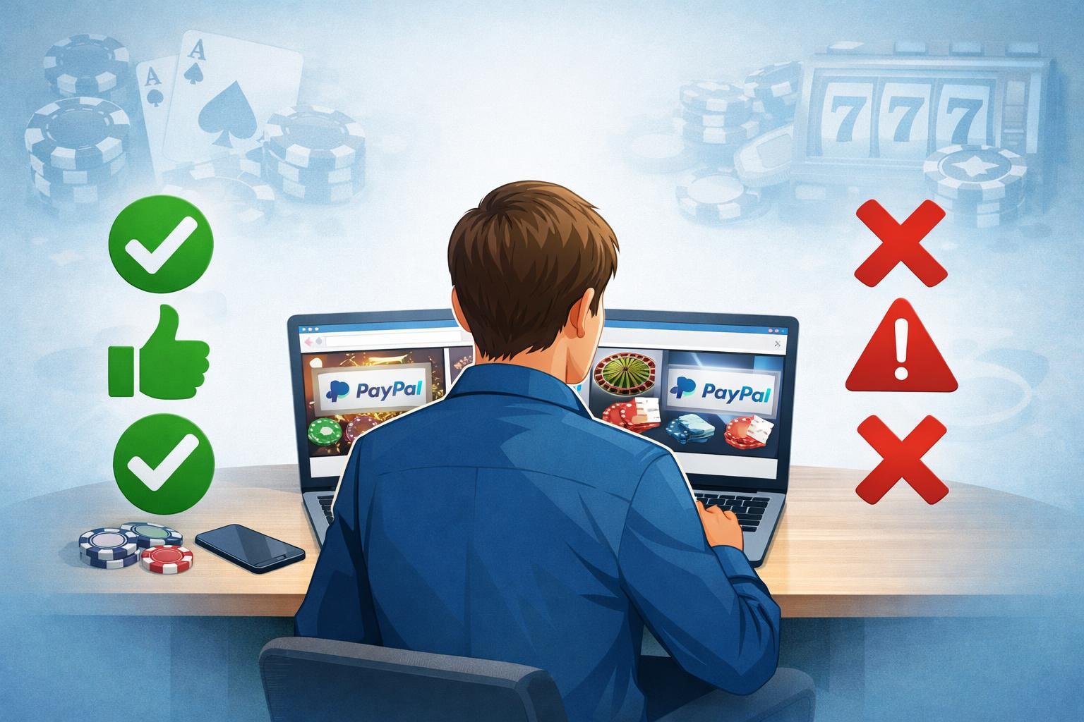 A Person At A Desk Using A Laptop To Compare Casino Websites With Paypal Logos, Surrounded By Icons Representing Advantages And Disadvantages.