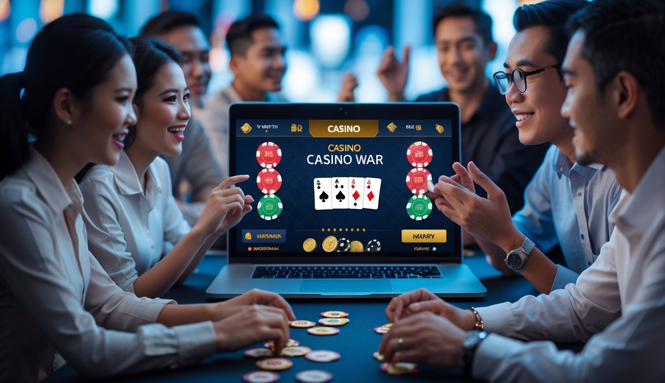 Beberapa pemain Indonesia sedang bermain permainan Casino War online di depan komputer dengan kartu dan chip taruhan terlihat di layar.