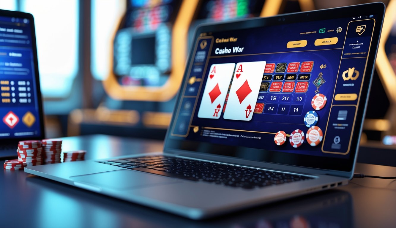 Layar laptop menampilkan permainan kartu casino war online dengan chip dan kartu, menunjukkan suasana kasino online yang aman dan terpercaya.