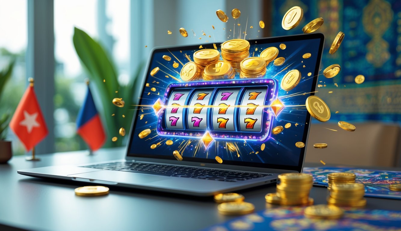 Seorang pemain menggunakan laptop dengan tampilan permainan slot online yang penuh warna dan koin emas berkilauan keluar dari layar, di meja terdapat bendera kecil Indonesia dan latar belakang bermotif batik.