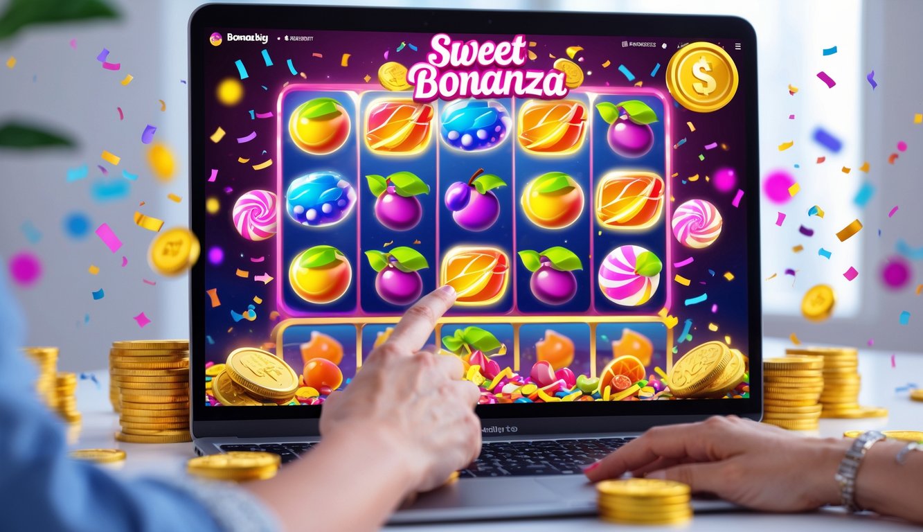 Seseorang menggunakan laptop dengan tampilan permainan slot bertema permen warna-warni dan koin yang bersinar di sekitarnya.