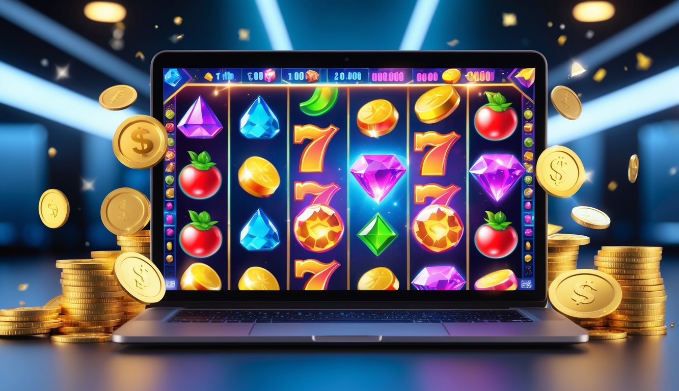 Sebuah layar komputer menampilkan permainan slot online dengan koin emas dan chip kasino di sekitarnya.
