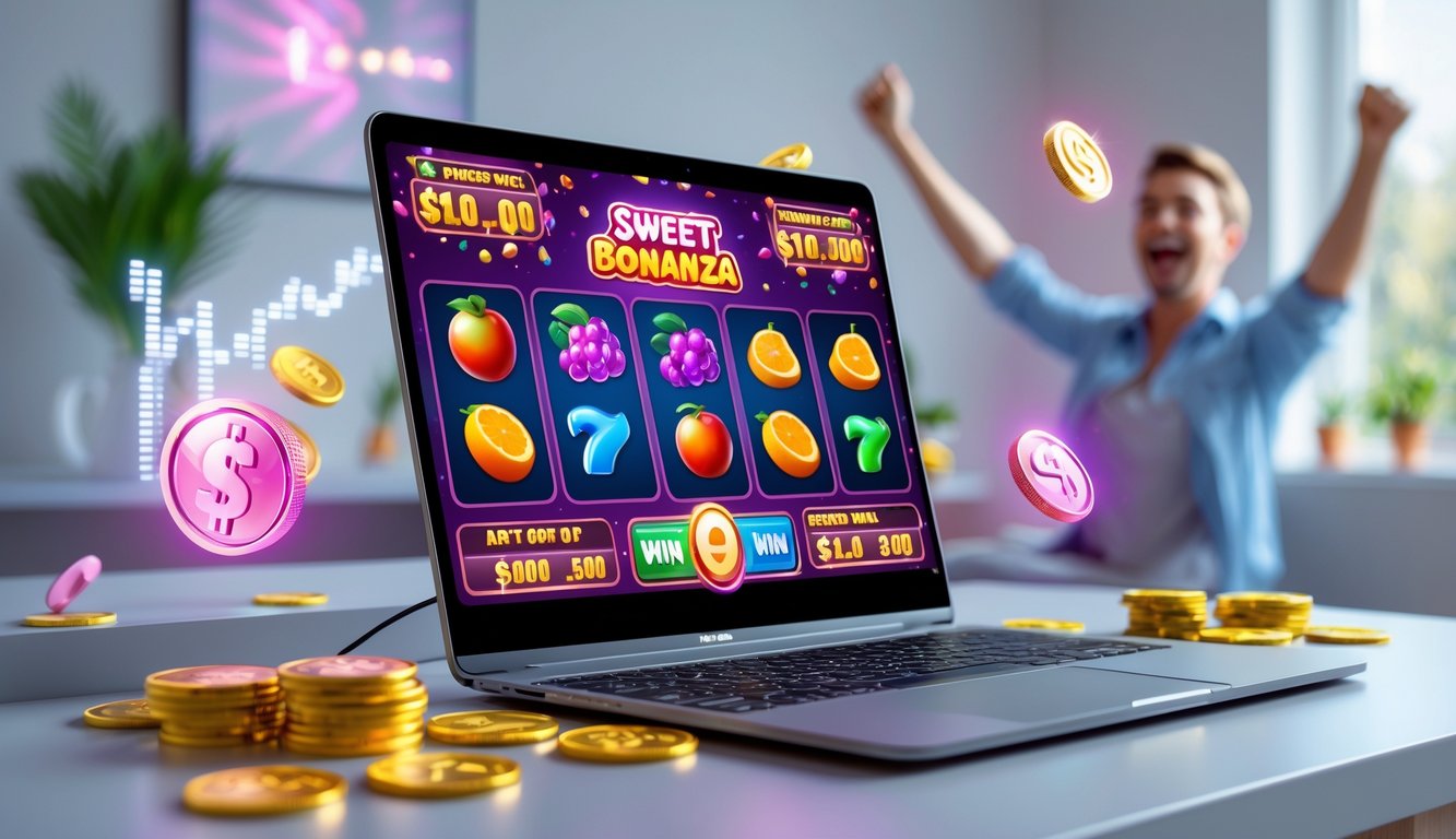 Seorang pemain sedang menggunakan komputer dengan tampilan permainan slot Sweet Bonanza berwarna-warni di layar, di ruangan yang terang dan rapi.