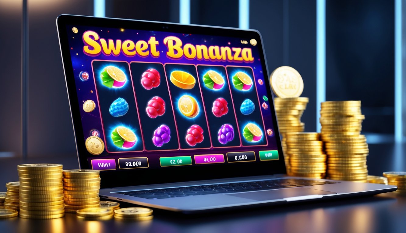 Sebuah layar komputer menampilkan permainan slot online dengan simbol permen dan buah, dikelilingi tumpukan koin emas dan chip kasino.