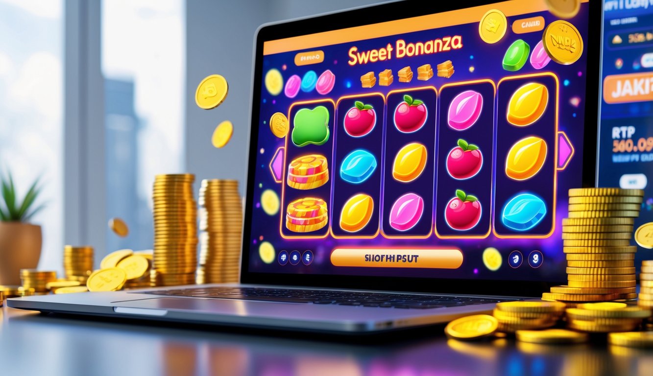 Sebuah komputer menampilkan permainan slot Sweet Bonanza dengan grafik buah dan permen berwarna cerah, dikelilingi oleh chip digital dan koin emas yang melambangkan jackpot dan taruhan online.