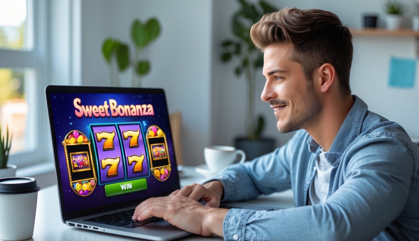 Seorang pria muda duduk di meja dengan laptop yang menampilkan permainan slot online berwarna-warni, terlihat fokus dan senang di ruang kerja rumah yang terang.