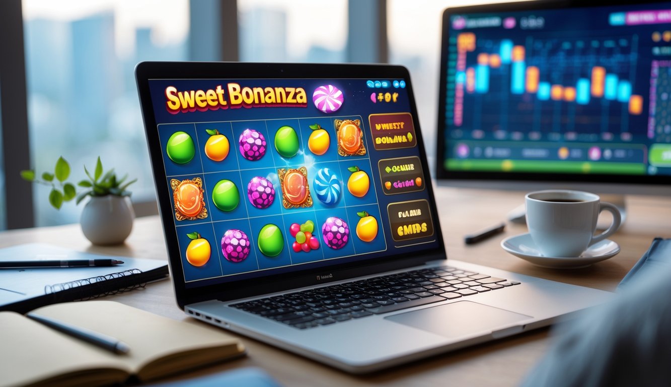 Seorang pengguna duduk di depan laptop yang menampilkan simbol permainan Sweet Bonanza dengan alat tulis dan kopi di meja, menunjukkan suasana belajar dan fokus.