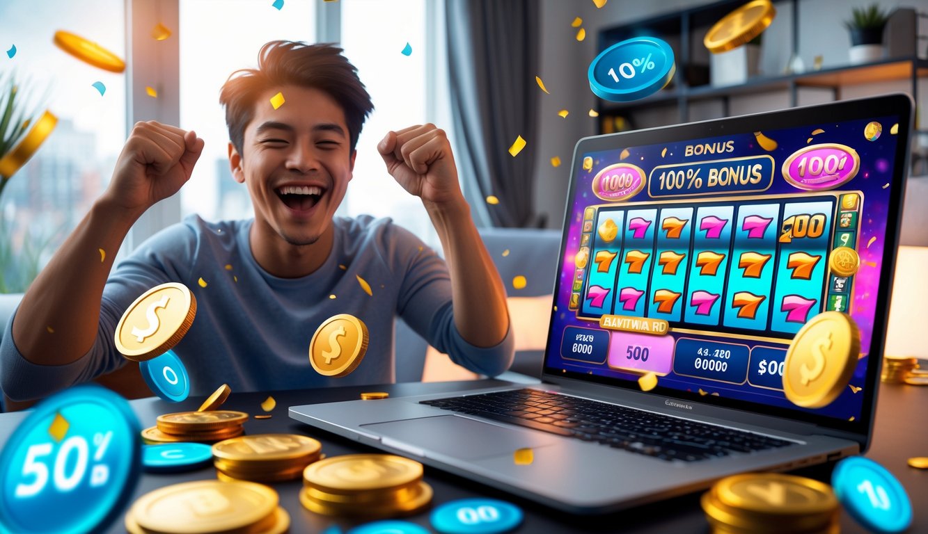 Seorang dewasa muda yang bahagia merayakan kemenangan besar saat bermain judi online di laptop di ruang kerja modern.