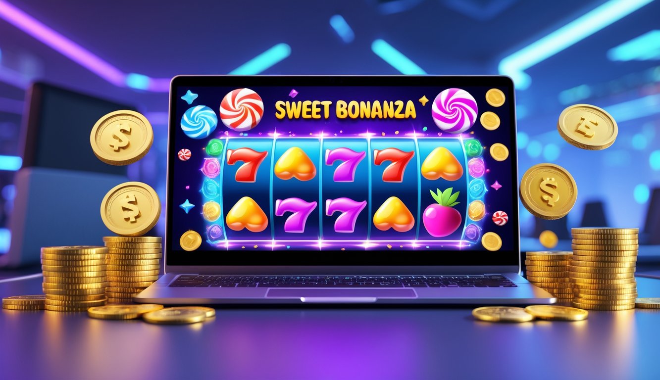 Seorang pemain menggunakan komputer dengan layar menampilkan permainan slot bertema permen berwarna-warni dan koin emas bersinar di sekitarnya.