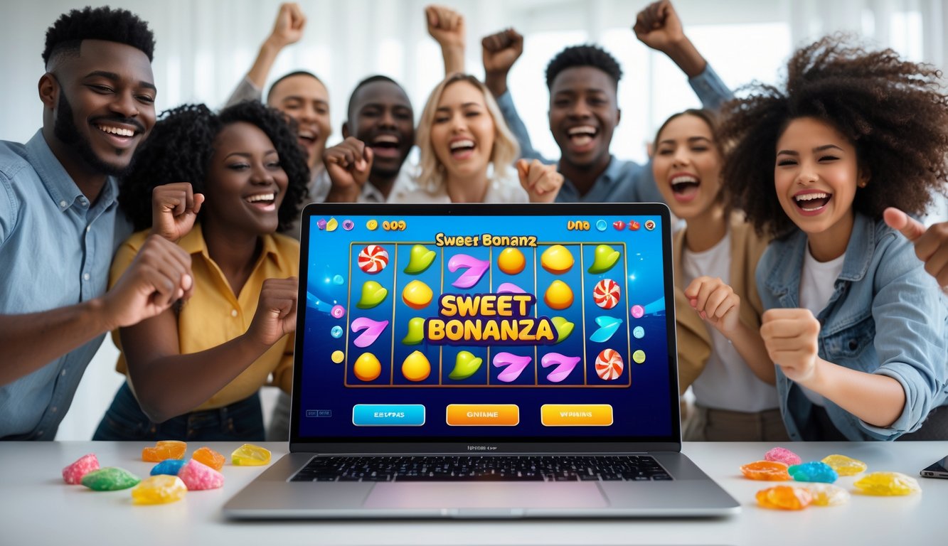 Sekelompok orang muda yang bahagia merayakan kemenangan saat bermain game slot online di laptop di dalam ruangan yang terang.