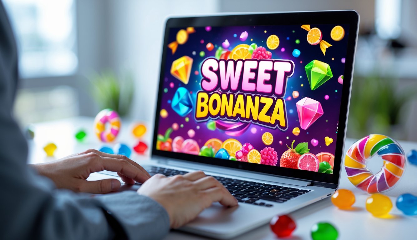 Seseorang menggunakan laptop dengan tampilan permainan slot Sweet Bonanza di layar, dikelilingi simbol permen dan buah warna-warni di meja kerja yang terang dan rapi.