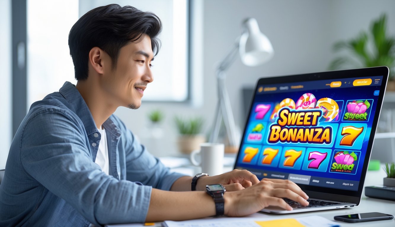 Seorang pria muda duduk di depan laptop dengan tampilan permainan slot online berwarna-warni, terlihat fokus dan percaya diri.